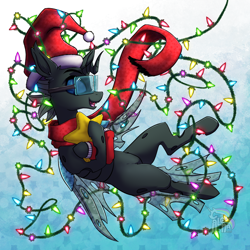 Size: 1250x1250 | Tagged: safe, artist:calena, oc, oc only, oc:tarsi, changeling, christmas, christmas changeling, christmas lights, clothes, commission, glasses, holiday, hug, pillow, pillow hug, scarf, solo, ych result