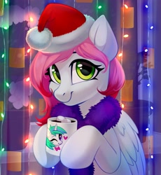 Size: 2475x2690 | Tagged: safe, artist:taneysha, oc, oc only, oc:ellie berryheart, pegasus, pony, christmas, female, hat, high res, holiday, mare, santa hat, solo, string lights