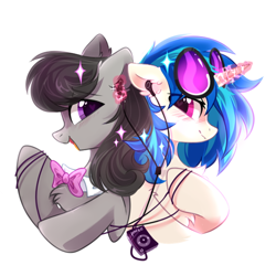 Size: 600x600 | Tagged: safe, artist:mirtash, dj pon-3, octavia melody, vinyl scratch, earth pony, pony, unicorn, g4, blushing, bust, chest fluff, cute, duo, ear fluff, female, glowing horn, headphones, heart eyes, horn, lesbian, looking at each other, profile, sharing headphones, ship:scratchtavia, shipping, simple background, vinyl's glasses, white background, wingding eyes