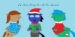 Size: 4304x2116 | Tagged: safe, artist:blazewing, oc, oc:blazewing, oc:maggie, oc:pecan sandy, pegasus, pony, 1000 hours in ms paint, bad anatomy, book, christmas, chubby, clothes, colored background, dialogue, eyes closed, fat, female, flying, glasses, hat, hearth's warming, hearth's warming eve, hearth's warming eve is here once again, holiday, male, mare, music notes, pants, plump, santa hat, scarf, singing, smiling, snow, stallion, sweater, winter, winter outfit