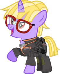 Size: 2853x3490 | Tagged: safe, artist:stormy_weather, oc, oc:tinker belle, pony, unicorn, fallout equestria, clothes, female, filly, glasses, high res, holster, jumpsuit, nerd, plasma pistol, robronco jumpsuit, taped glasses