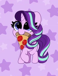 Size: 2171x2845 | Tagged: safe, artist:kittyrosie, starlight glimmer, pony, unicorn, abstract background, blushing, cheese pizza, cute, female, food, glimmerbetes, herbivore, high res, mare, mouth hold, pizza, raised hoof, slice of pizza, smiling, solo, stars, tomato, tomato pizza