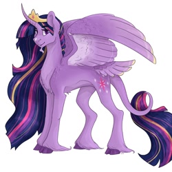 Size: 1280x1280 | Tagged: safe, artist:periwinklechick, twilight sparkle, alicorn, classical unicorn, pony, unicorn, g4, the last problem, cloven hooves, crown, facial hair, female, goatee, horn, jewelry, leonine tail, mare, older, older twilight, older twilight sparkle (alicorn), princess twilight 2.0, regalia, simple background, solo, tail feathers, twilight sparkle (alicorn), unshorn fetlocks, white background, wing claws