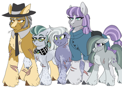 Size: 4019x3014 | Tagged: safe, artist:gingygin, cloudy quartz, igneous rock pie, limestone pie, marble pie, maud pie, earth pony, pony, g4, alternate hairstyle, blaze (coat marking), bow, chest fluff, coat markings, facial markings, family, female, glasses, hat, male, mare, markings, necktie, pale belly, pie family, scar, simple background, socks (coat markings), stallion, tail bow, unshorn fetlocks, white background