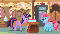 Size: 1920x1080 | Tagged: safe, screencap, cup cake, twilight sparkle, earth pony, pony, unicorn, g4, lesson zero, box, butt, cupcake, duo, female, food, indoors, looking at someone, looking at something, mare, physique difference, plot, standing, standing on two hooves, sugarcube corner, underhoof, unicorn twilight