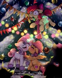 Size: 2253x2801 | Tagged: safe, artist:cornelia_nelson, derpibooru exclusive, apple bloom, scootaloo, sweetie belle, earth pony, pony, g4, boots, christmas, christmas lights, christmas tree, clothes, cutie mark crusaders, female, high res, holiday, holly, holly mistaken for mistletoe, kissing, lesbian, levitation, magic, mouth hold, outdoors, public, romantic, scarf, ship:scootabelle, shipping, shoes, shrunken pupils, snow, spread wings, telekinesis, tree, wings