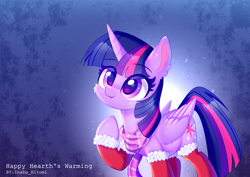 Size: 3508x2480 | Tagged: safe, artist:inaba_hitomi, twilight sparkle, alicorn, pony, abstract background, cheek fluff, christmas, christmas stocking, clothes, cute, ear fluff, female, high res, holiday, mare, scarf, solo, twiabetes, twilight sparkle (alicorn)