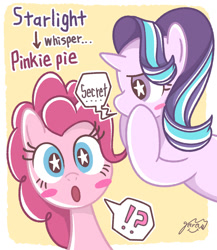 Size: 1276x1473 | Tagged: safe, artist:garammasara, pinkie pie, starlight glimmer, earth pony, pony, unicorn, g4, duo, exclamation point, female, mare, o mouth, question mark, secret, signature, speech bubble, starry eyes, stars, text, whispering, wingding eyes