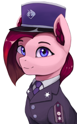 Size: 1872x3000 | Tagged: source needed, safe, artist:mrscroup, oc, oc only, oc:claret, earth pony, pony, bust, clothes, kepi, not pinkamena, not pinkie pie, portrait, simple background, solo, transparent background, uniform