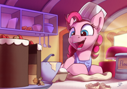 Size: 2500x1756 | Tagged: safe, artist:tsitra360, pinkie pie, oc, oc:pan sizzle, pony, g4, apron, baking, cake, clothes, cute, diapinkes, eggshell, female, food, mare, micro