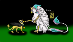 Size: 1280x751 | Tagged: safe, artist:electuroo, princess celestia, oc, oc:gale, griffon, g4, adopted offspring, beak, boop, duo, griffon oc, griffonized, implied transformation, open beak, open mouth, raised leg, signature, smiling, species swap, surprised