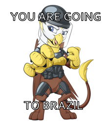 Size: 800x883 | Tagged: source needed, safe, artist:mysticalpha, edit, oc, oc only, oc:geneva, griffon, bipedal, meme, riot gear, solo, you're going to brazil