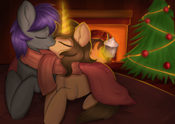 Size: 3988x2832 | Tagged: safe, artist:janelearts, oc, oc only, pony, unicorn, christmas, christmas tree, clothes, female, fireplace, high res, holiday, kissing, lying down, magic, male, mare, prone, scarf, shared clothing, shared scarf, stallion, tree