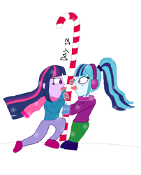 Size: 1280x1582 | Tagged: safe, artist:horroraceman93, sonata dusk, twilight sparkle, equestria girls, g4, a christmas story, candy, candy cane, duo, female, food, lesbian, poll, ship:twinata, shipping, simple background, snow, tongue out, tongue stuck to pole, tongue stuck to something frozen, transparent background