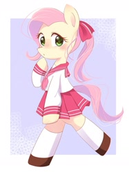 Size: 1471x1968 | Tagged: safe, artist:1drfl_world_end, fluttershy, pegasus, pony, g4, alternate hairstyle, bipedal, blushing, clothes, cute, female, looking at you, mare, school uniform, shyabetes, skirt, solo, wingless