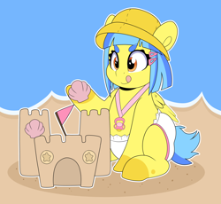 Size: 4000x3673 | Tagged: safe, artist:duckie, oc, oc only, oc:bubble "duckie" bath, pegasus, pony, sand dollar (species), abdl, abstract background, adult foal, beach, bucket hat, diaper, diaper fetish, eyebrows, eyebrows visible through hair, fetish, hairpin, hat, high res, lanyard, non-baby in diaper, pegasus oc, sandcastle, seashell, shell, simple background, sitting, smiling, smirk, solo, tongue out