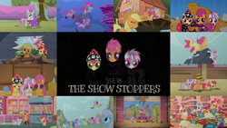 Size: 1970x1109 | Tagged: safe, edit, edited screencap, editor:quoterific, screencap, apple bloom, applejack, berry punch, berryshine, carrot top, cloud kicker, daisy, derpy hooves, flower wishes, golden harvest, lemon hearts, lightning bolt, linky, minuette, sassaflash, scootaloo, sea swirl, seafoam, shoeshine, sweetie belle, twinkleshine, white lightning, earth pony, pegasus, pony, unicorn, g4, the show stoppers, applebutt, butt, clothes, cutie mark crusaders, dumb fabric, female, filly, golden oaks library, mare, plot, sewing machine, show stopper outfits
