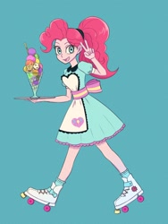 Size: 1620x2160 | Tagged: safe, artist:haibaratomoe, pinkie pie, equestria girls, g4, cute, diapinkes, female, food, ice cream, peace sign, roller skates, server pinkie pie, solo, waitress