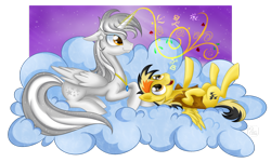 Size: 1024x614 | Tagged: safe, artist:swanlullaby, oc, oc only, oc:electuroo, oc:stardust, alicorn, pegasus, pony, cloud, colt, female, magic, male, mare