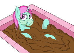 Size: 1400x1000 | Tagged: safe, artist:amateur-draw, oc, oc only, oc:belle boue, pony, unicorn, male, mud, mud bath, mud mask, muddy, relaxing, simple background, solo, spa, stallion