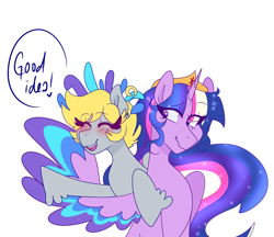 Size: 2500x2161 | Tagged: safe, artist:cubbybatdoodles, derpy hooves, twilight sparkle, alicorn, pegasus, pony, g4, aside glance, blushing, colored wings, colored wingtips, crown, eyes closed, feathered hat, female, high res, horn, jewelry, lesbian, long mane, regalia, ship:twerpy, shipping, short mane, simple background, smiling, twilight sparkle (alicorn), white background, wings