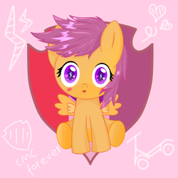 Size: 1300x1300 | Tagged: artist needed, source needed, safe, scootaloo, pegasus, pony, g4, blushing, cute, cutealoo, cutie mark, female, filly, foal, heart, lightning eyes, looking at you, scooter, solo