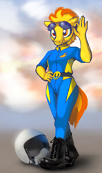 Size: 1445x2443 | Tagged: safe, artist:imadeoos, spitfire, anthro, plantigrade anthro, g4, abstract background, aviator sunglasses, boots, clothes, female, glasses, helmet, ok hand sign, shoes, smiling, solo, sunglasses, uniform, wonderbolts, wonderbolts uniform