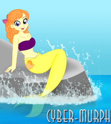 Size: 1840x2064 | Tagged: safe, artist:cyber-murph, orange sherbette, mermaid, starfish, equestria girls, equestria girls series, g4, my little pony equestria girls: friendship games, background human, belly, belly button, crystal prep shadowbolts, cute, mermaidized, midriff, scales, signature, species swap, tube top