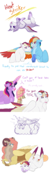 Size: 2000x6960 | Tagged: safe, artist:uunicornicc, rainbow dash, twilight sparkle, oc, oc:iris, oc:summer ballad, alicorn, hybrid, pony, g4, clothes, cloud, cloven hooves, interspecies offspring, magic, magical lesbian spawn, offspring, parent:discord, parent:fluttershy, parent:rainbow dash, parent:twilight sparkle, parents:discoshy, parents:twidash, scarf, twilight sparkle (alicorn)