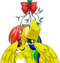 Size: 1006x1070 | Tagged: safe, alternate version, artist:loyaldis, oc, oc only, oc:grace seraph, alicorn, pony, alicorn oc, christmas, commission, eye clipping through hair, female, glowing horn, heterochromia, holiday, horn, mare, mistletoe, simple background, smiling, solo, transparent background, wings, ych result