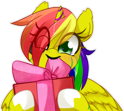 Size: 1114x1000 | Tagged: safe, artist:loyaldis, oc, oc only, oc:grace seraph, alicorn, pony, alicorn oc, bow, christmas, commission, eye clipping through hair, female, heterochromia, holding, holiday, horn, mare, present, simple background, smiling, solo, transparent background, wings, ych result