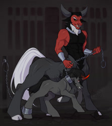 Size: 1138x1280 | Tagged: safe, artist:basilllisk, king sombra, lord tirek, centaur, pony, unicorn, g4, ankle cuffs, captured, cell, chains, cloven hooves, colored horn, commission, cuffs, curved horn, digital art, dungeon, facial hair, goatee, hooves, horn, male, misleading thumbnail, nose piercing, nose ring, piercing, prisoner, septum piercing, slave, stallion, tail