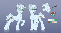 Size: 1280x686 | Tagged: safe, artist:basilllisk, oc, oc only, pony, unicorn, commission, cutie mark, digital art, glasses, horn, looking at you, male, reference sheet, simple background, solo, stallion, tail