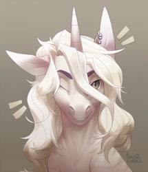 Size: 1101x1280 | Tagged: safe, artist:basilllisk, oc, oc only, pony, unicorn, bust, commission, digital art, horn, looking at you, one eye closed, portrait, simple background