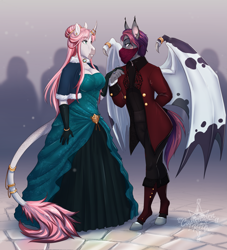 Size: 2933x3227 | Tagged: safe, artist:askbubblelee, oc, oc only, oc:orpheus, oc:rosie quartz, bat pony, unicorn, anthro, unguligrade anthro, anthro oc, bat pony oc, bat wings, breasts, cleavage, clothes, curved horn, digital art, dress, duo, female, high res, horn, horn ring, looking at each other, male, mare, mask, ring, scar, silhouette, smiling, stallion, suit, unicorn oc, wings