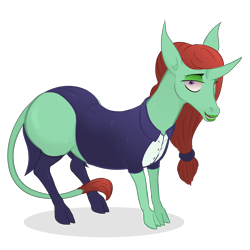 Size: 3200x3200 | Tagged: safe, artist:stoopedhooy, derpibooru exclusive, oc, oc only, oc:dwarf truffle, classical unicorn, pony, unicorn, 2021 community collab, derpibooru community collaboration, clothes, cloven hooves, crossdressing, high res, horn, leonine tail, lipstick, looking at you, makeup, purple eyes, redhead, simple background, smiling, socks, solo, standing, tailcoat, transparent background