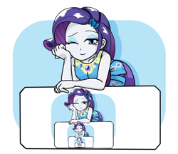 Size: 740x640 | Tagged: safe, artist:batipin, edit, rarity, equestria girls, g4, my little pony equestria girls: better together, breasts, clothes, dress, droste effect, eyebrows, eyelashes, eyeshadow, female, gem, gemstones, geode of shielding, hairpin, inception, jewelry, looking at you, magical geodes, makeup, one eye closed, pearl, rarity peplum dress, recursion, self paradox, skirt, solo, wink