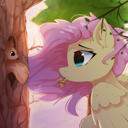 Size: 1500x1500 | Tagged: safe, artist:glazirka, fluttershy, pegasus, pony, squirrel, g4, acorn, bust, cute, ear fluff, female, looking at each other, looking at someone, mare, misleading thumbnail, mouth hold, no pupils, outdoors, profile, shyabetes, solo, tree, windswept mane, wings