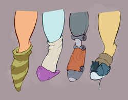 Size: 1230x960 | Tagged: safe, artist:rexyseven, oc, oc only, oc:drillie stone, oc:koraru koi, oc:rusty gears, oc:whispy slippers, pony, augmented, clothes, hoof shoes, hooves, leg, legs, pictures of legs, prosthetic limb, prosthetics, slippers, sock, socks, striped socks