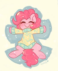 Size: 807x997 | Tagged: safe, artist:oofycolorful, pinkie pie, earth pony, pony, g4, clothes, cute, diapinkes, ear fluff, eyes closed, female, lying down, mare, on back, precious, smiling, snow, snow angel, solo, sweater, weapons-grade cute, winter