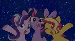 Size: 1200x660 | Tagged: safe, artist:ch-chau, starlight glimmer, sunset shimmer, twilight sparkle, alicorn, pony, unicorn, counterparts, cute, female, looking at you, mare, night, open mouth, sky, smiling, starry night, stars, trio, twilight sparkle (alicorn), twilight's counterparts