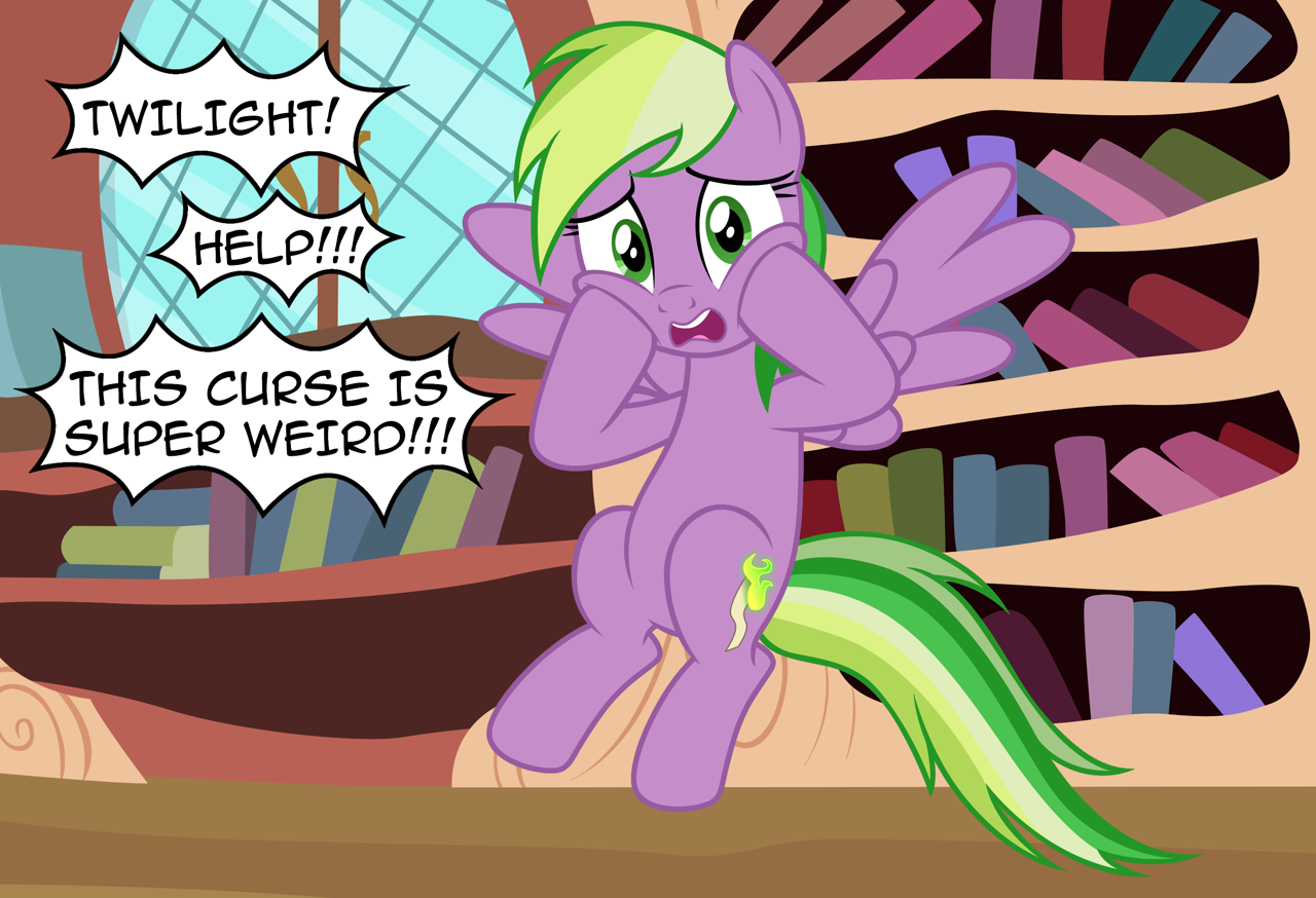 2507767 - safe, artist:badumsquish, derpibooru exclusive, spike, pegasus,  pony, aftermath, barb, book, curse, cursed, dialogue, female, flying,  golden oaks library, high res, hilarious in hindsight, implied transgender  transformation, implied twilight ...