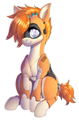 Size: 4800x7296 | Tagged: safe, artist:dankflank, oc, oc only, oc:kiva, pony, robot, robot pony, 2021 community collab, derpibooru community collaboration, :3, closed mouth, female, hair over one eye, looking at you, mane, pecs, simple background, sitting, smiling, smiling at you, solo, tail, transparent background