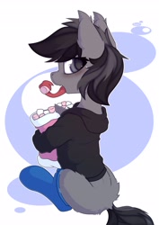 Size: 2896x4096 | Tagged: safe, artist:avery-valentine, oc, oc only, oc:grey matter, pony, clothes, food, forked tongue, hoodie, long tongue, looking back, marshmallow, prehensile tongue, socks, solo, tongue out
