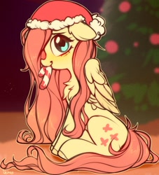 Size: 1700x1875 | Tagged: safe, artist:vensual99, fluttershy, pegasus, pony, g4, blushing, candy, candy cane, chest fluff, christmas, christmas tree, cute, female, floppy ears, folded wings, food, hat, heart eyes, holiday, looking at you, mare, mouth hold, profile, santa hat, shyabetes, sitting, smiling, solo, tree, wingding eyes, wings
