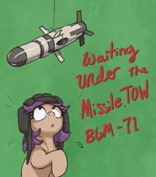 Size: 1325x1500 | Tagged: safe, artist:t72b, oc, oc:tenk pone, earth pony, pony, christmas, helmet, holiday, missile, mistletoe, pun, raised hoof, scared, simple background, text, tow missile, visual pun