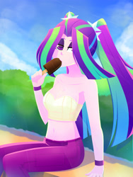 Size: 2448x3264 | Tagged: safe, artist:xan-gelx, aria blaze, equestria girls, g4, adorasexy, art trade, bare shoulders, belly button, breasts, chocolate, cleavage, clothes, cute, female, food, high res, ice cream, ice cream bar, midriff, sexy, short shirt, sleeveless, solo, strapless