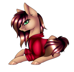 Size: 863x834 | Tagged: safe, artist:minelvi, oc, oc only, earth pony, pony, clothes, colored hooves, ear piercing, earth pony oc, hoodie, lying down, piercing, prone, simple background, solo, transparent background