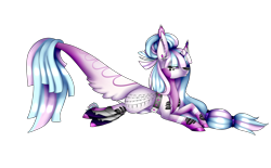 Size: 2500x1550 | Tagged: safe, artist:minelvi, oc, oc only, pony, unicorn, colored hooves, female, horn, leonine tail, lying down, mare, prone, simple background, solo, transparent background, unicorn oc