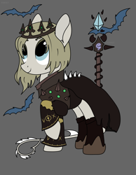 Size: 1728x2232 | Tagged: safe, artist:elberas, artist:forest, oc, oc only, oc:night blizzard, bat, earth pony, pony, cloak, clothes, crown, eyeshadow, female, gray background, hoof shoes, jewelry, makeup, mare, raised hoof, regalia, shirt, simple background, socks, solo, staff, viking